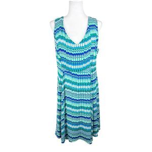 Eva Rose Dress Women 1X Green Blue Geometric Print Sleeveless Fit Flare Casual
